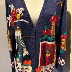 VTG Croft & Barrow Autumn/Fall Scarecrow, Apples, Pumpkin Blue Cardigan Medium